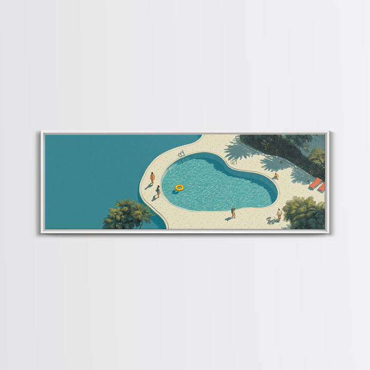 Aerial Turquoise Pool Beside Blue Water Canvas Print, Minimalist Wall Art, Midcentury Modern Decor, Coastal Resort Poster