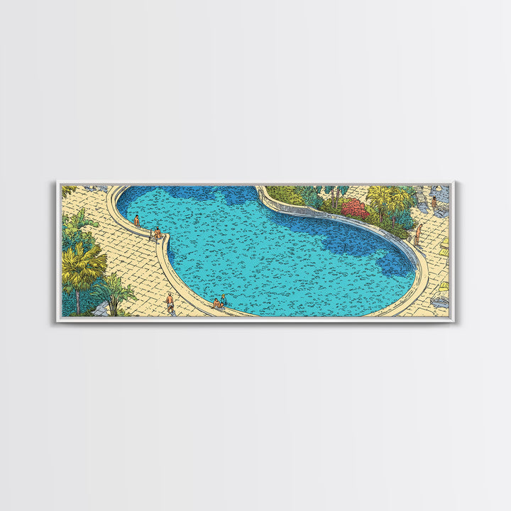 Bright Blue Resort Pool With Stone Terrace Wall Art, Midcentury Modern Print, Tropical Garden Decor, Large Canvas Poster