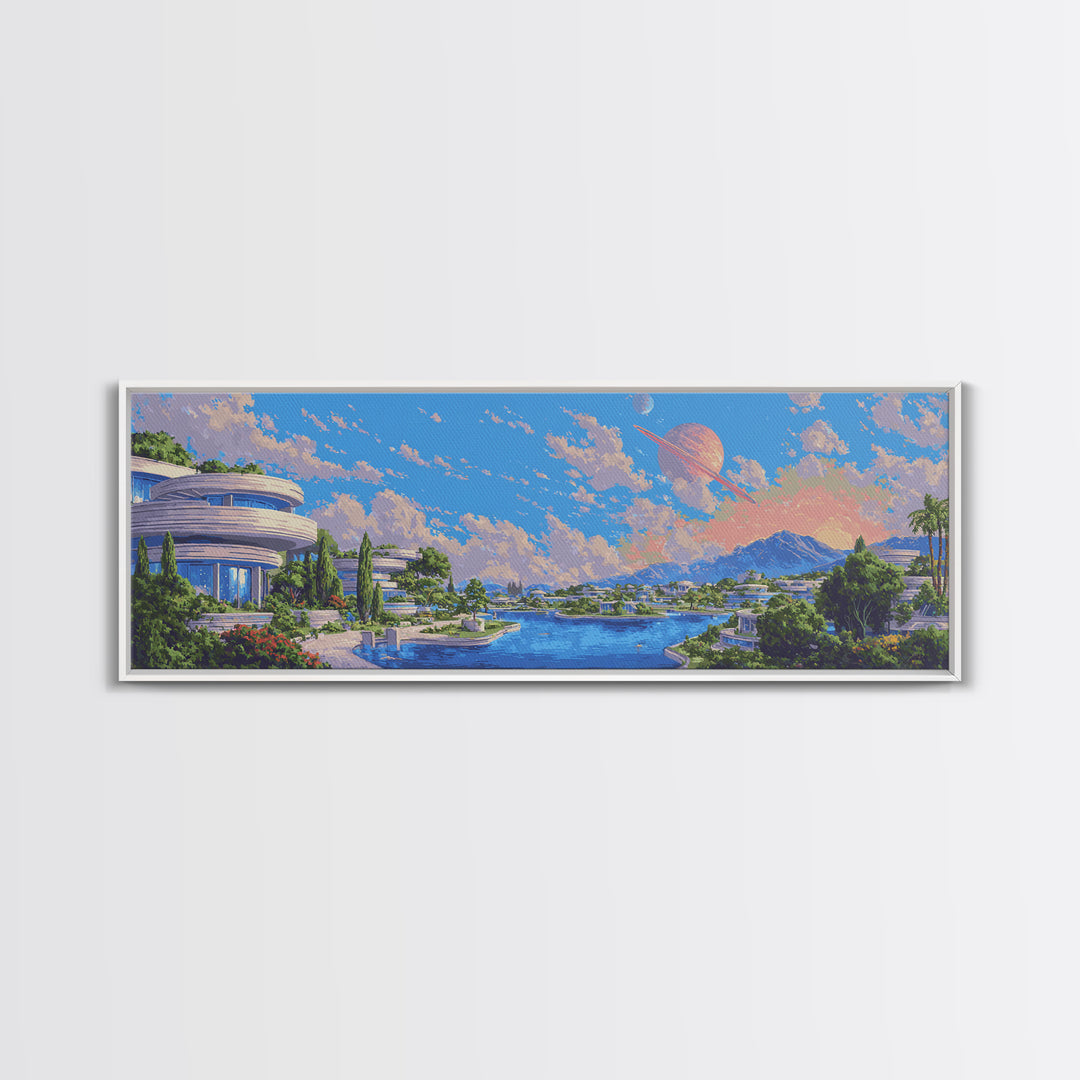 Futuristic Lakeside City With Planets Wall Art, Midcentury Modern Poster, Retro Sci Fi Decor, Scenic Landscape Canvas Print