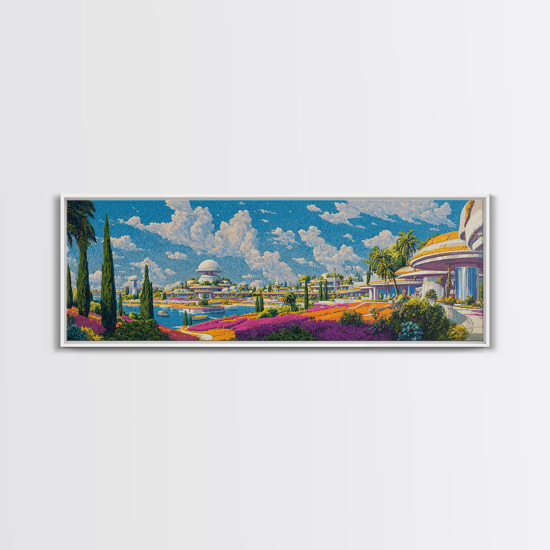 Utopian Waterfront Futurist City Wall Art, Mid Century Modern Travel Poster, Retro Modern Home Decor, Panoramic Canvas Print