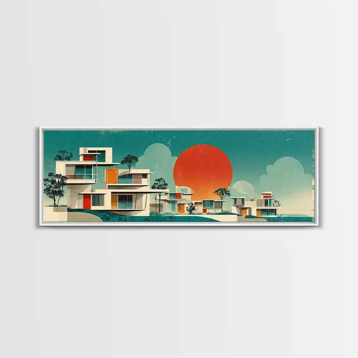 Modernist White Villas With Orange Sun Wall Art, Mid Century Modern Architecture, Palm Springs Decor, Teal Panoramic Print