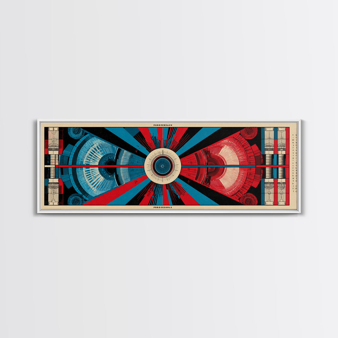 Red And Blue Technical Mandala Wall Art, Mid Century Abstract Geometric Poster, Atomic Modern Decor, Panoramic Canvas Print