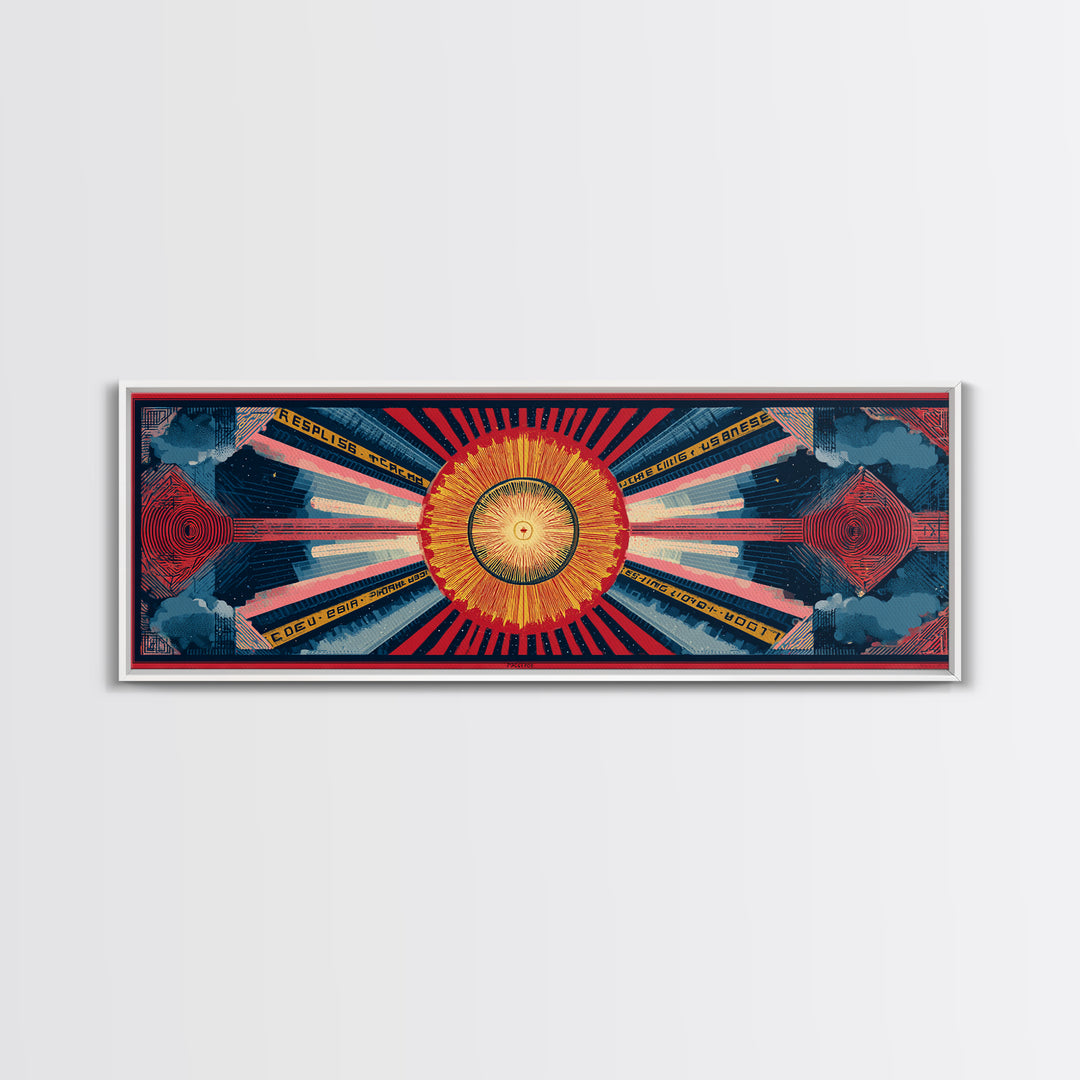 Cosmic Golden Sunburst Space Chart Wall Art, Mid Century Modern Abstract, Atomic Retro Poster, Blue Red Panoramic Canvas Print