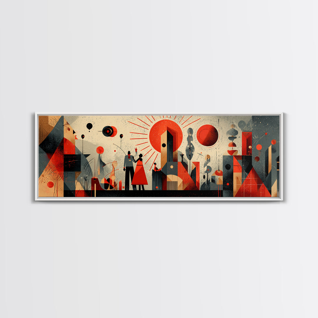 Geometric Red Sun City With Figures Wall Art, Mid Century Modern Abstract Poster, Bauhaus MCM Decor, Panoramic Canvas Print
