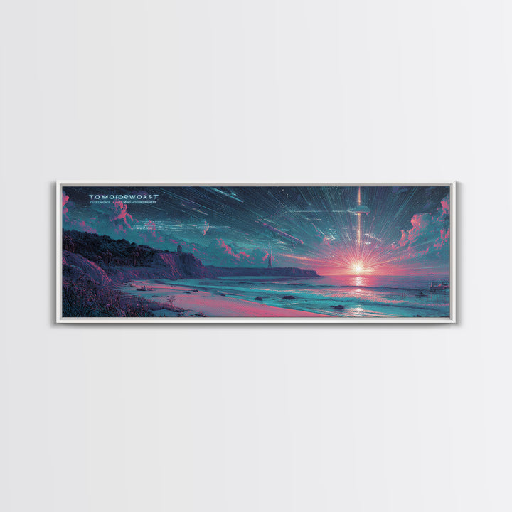 Futuristic Neon Beach Sunset With Star Trails, Sci Fi Coastal Wall Art, Retro Modern Poster, Space Abstract Art Print Decor
