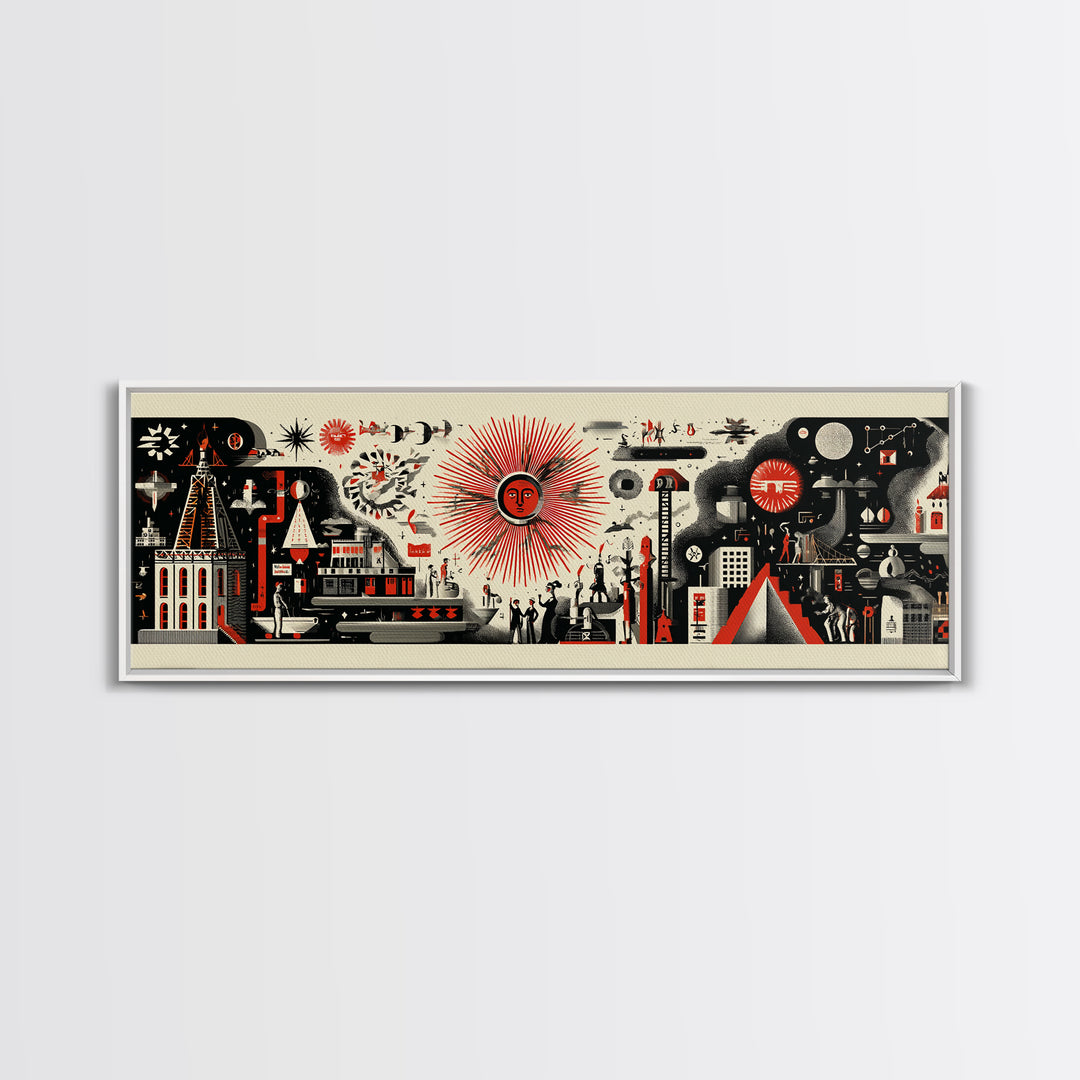 Surreal Red Sun Town Collage Wall Art, Mid Century Modern Folk Abstract Poster, Black Cream Retro Decor, Panoramic Canvas Print