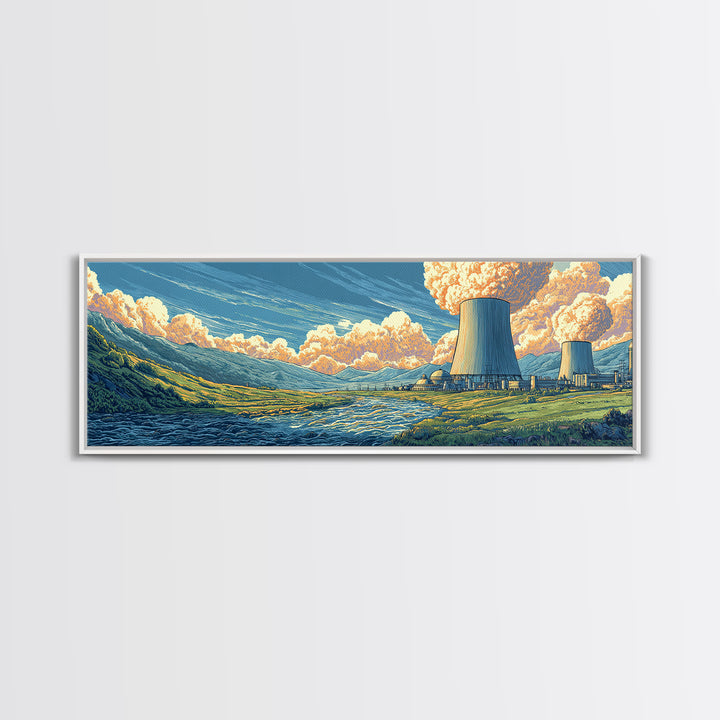 River Valley Nuclear Towers Framed Canvas Print, Scenic Retro Wall Art, Midcentury Modern Decor, Landscape Poster, Home Office Art