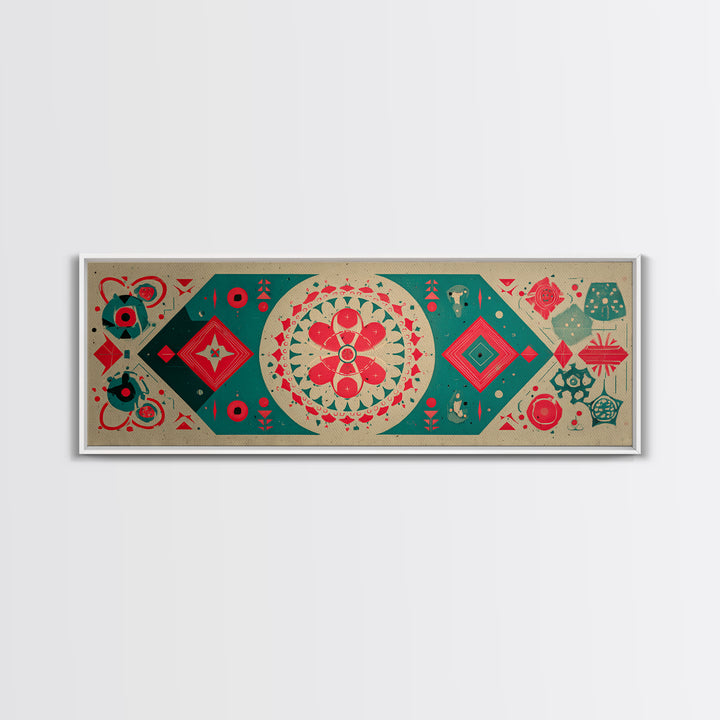 Red Green Mandala Flowers And Diamonds Canvas Print, Geometric Wall Art, Midcentury Modern Decor, Retro Pattern Poster, Home Decor