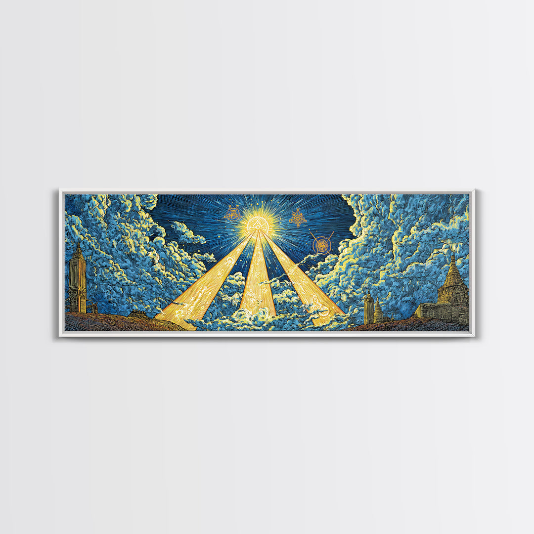 Golden Light Beams Through Clouds Framed Canvas Print, Spiritual Wall Art, Midcentury Modern Poster, Celestial Decor, Sci Fi Wall Decor