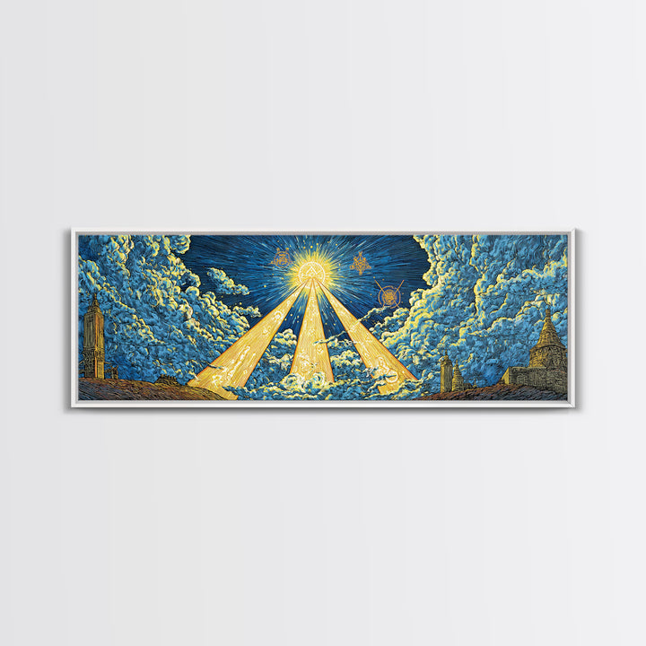 Golden Light Beams Through Clouds Framed Canvas Print, Spiritual Wall Art, Midcentury Modern Poster, Celestial Decor, Sci Fi Wall Decor