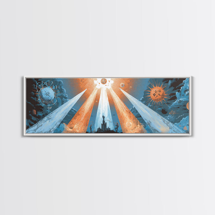 Planetary Spotlights Over Futuristic City Canvas Print, Space Abstract Art, Modern Wall Decor, Retro Sci Fi Poster, Home Office Art