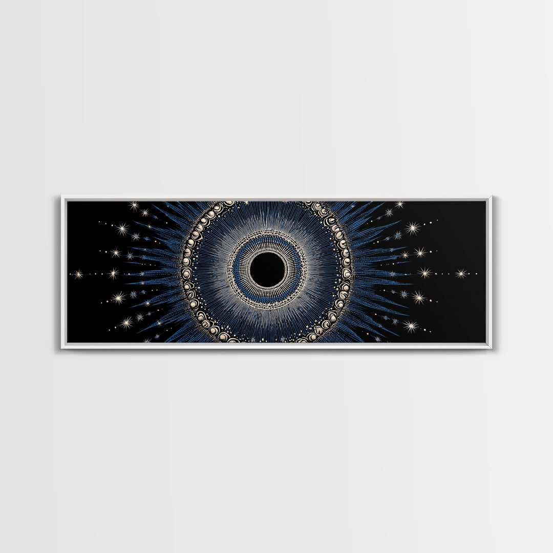 Blue Celestial Eclipse Wall Art, Art Deco Sunburst Mandala, Modern Abstract Print, Gothic Cosmic Framed Canvas Print Decor