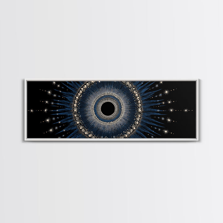 Blue Celestial Eclipse Wall Art, Art Deco Sunburst Mandala, Modern Abstract Print, Gothic Cosmic Framed Canvas Print Decor