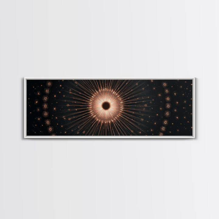 Copper Gold Eclipse Sunburst Wall Art, Modern Art Deco Canvas Print, Cosmic Celestial Decor, Black Gold Statement Print Gift