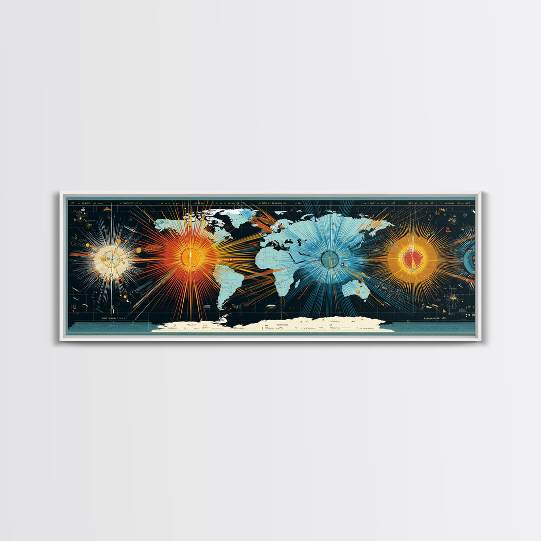 World Map Sunburst Network With Celestial Nodes, Canvas Print, Modern Wall Art, Geographic Abstract Poster For Office Decor