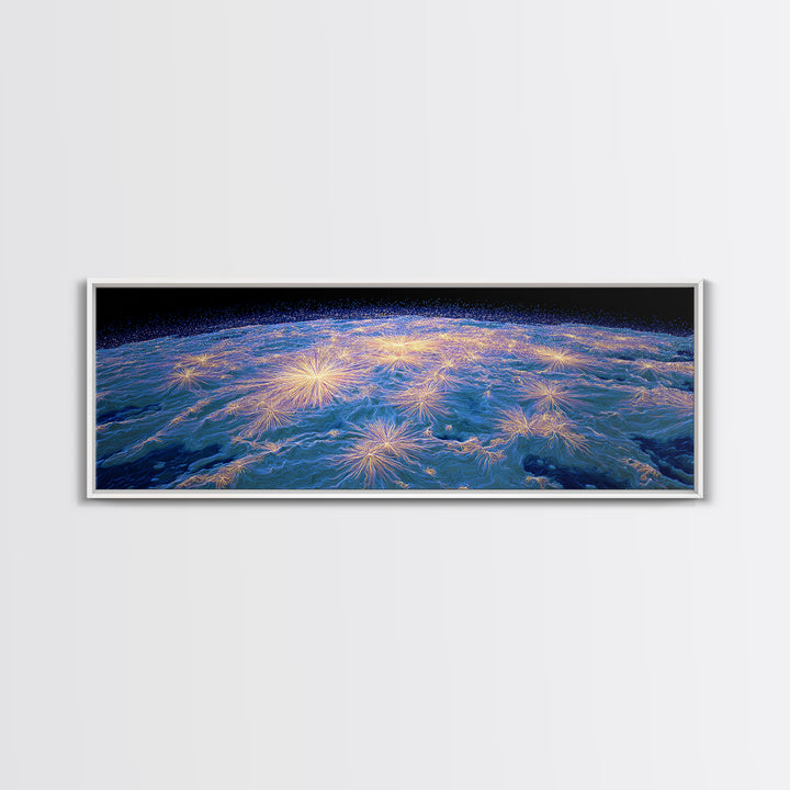 Earth From Orbit With Electric Light Bursts, Framed Canvas Print, Space Abstract Art, Modern Wall Decor For Home Office Decor