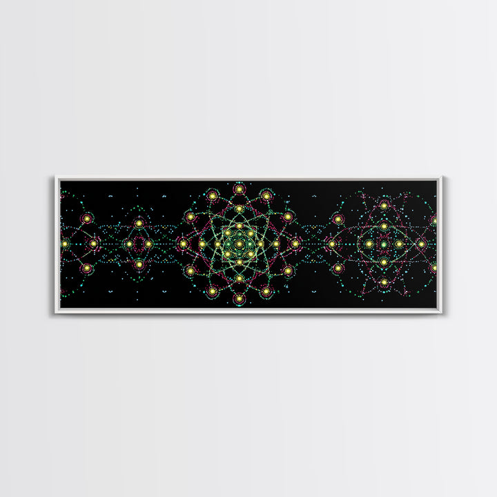 Neon Atomic Mandala Wall Art, Mid Century Modern Space Decor, Retro Science Poster, Psychedelic Geometric MCM Print, Black Wall Decor