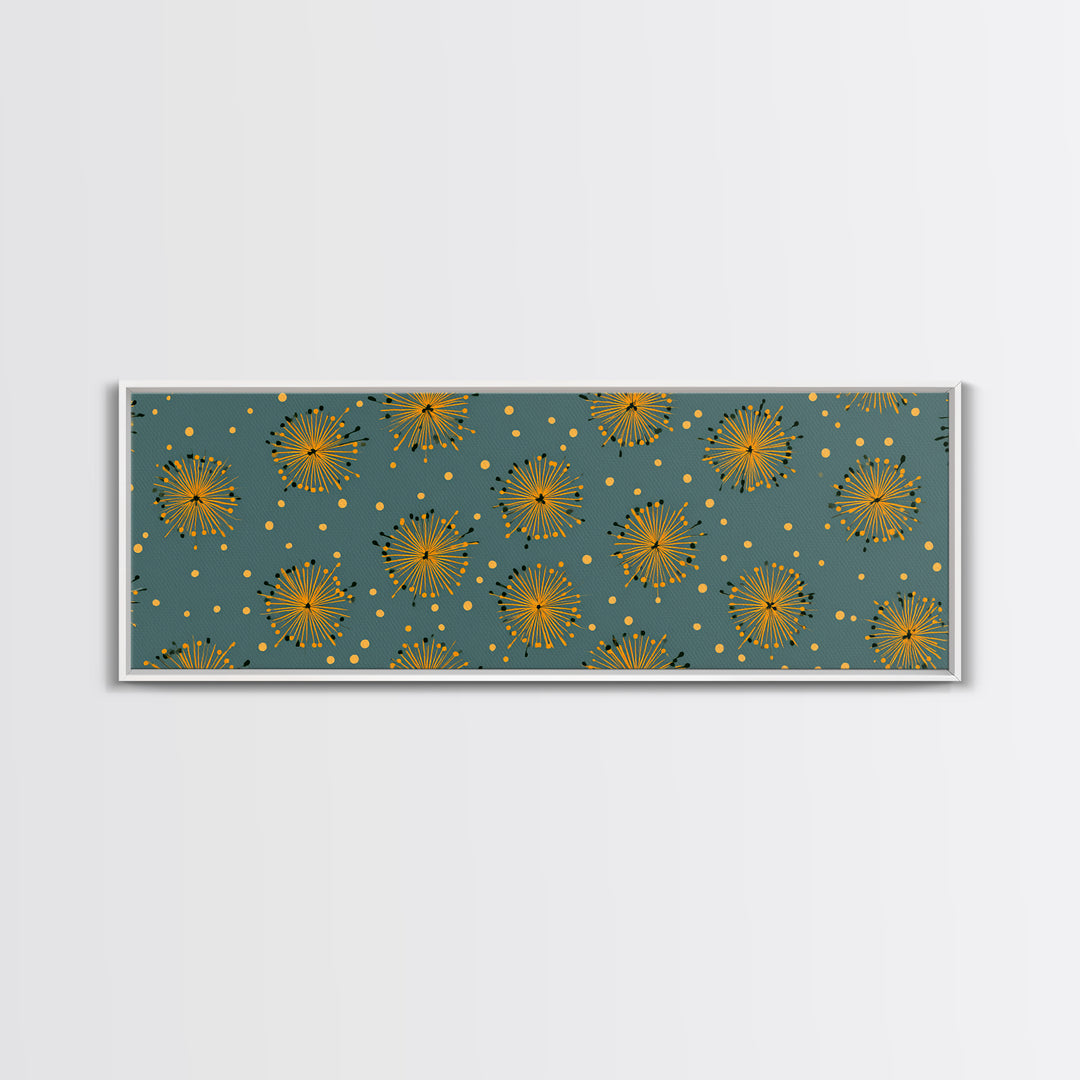 Yellow Starburst Floral Wall Art, Mid Century Modern Print, Retro Atomic Pattern Poster, Teal Kitchen Decor, MCM Art Print