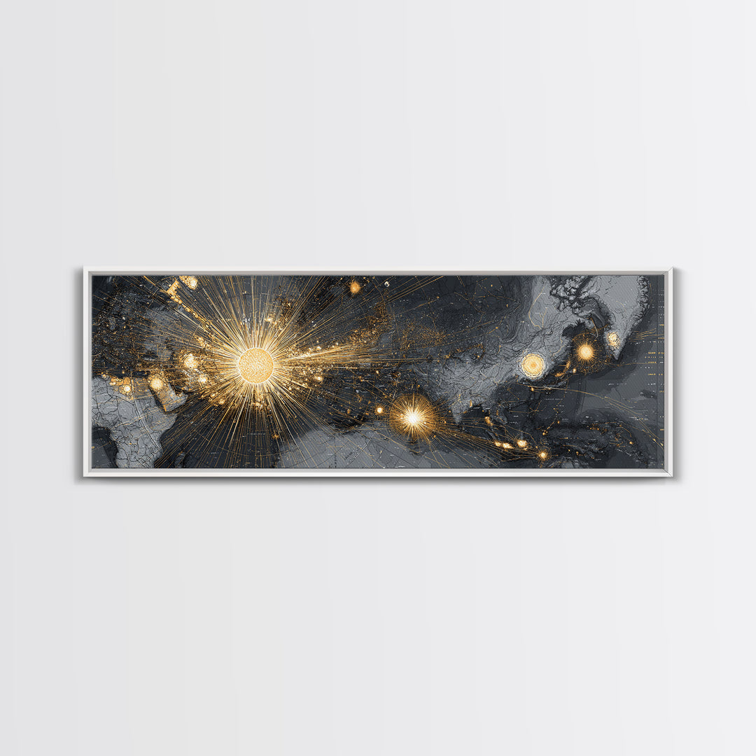 Gold And Charcoal World Map With Radiant Network Lights, Wall Art, Modern Abstract Art Print, Office Decor Statement Poster