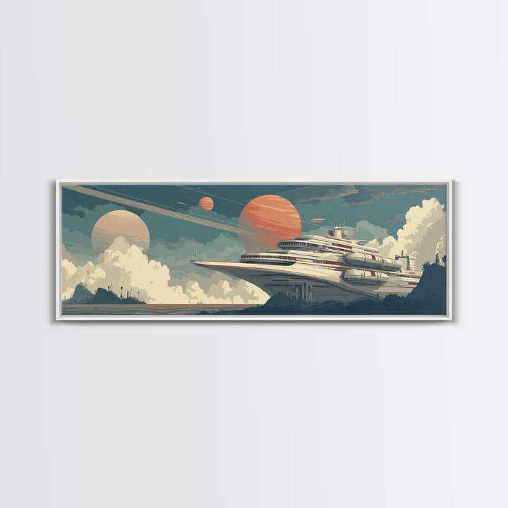 Futuristic Space Cruise Ship Canvas Print, Retro Sci Fi Wall Art, Planet Travel Poster, Modern Home Decor For Office Room