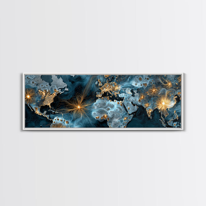 Blue Topographic World Map With Golden City Lights, Canvas Print, Modern Wall Art, Global Abstract Office Decor Poster Print