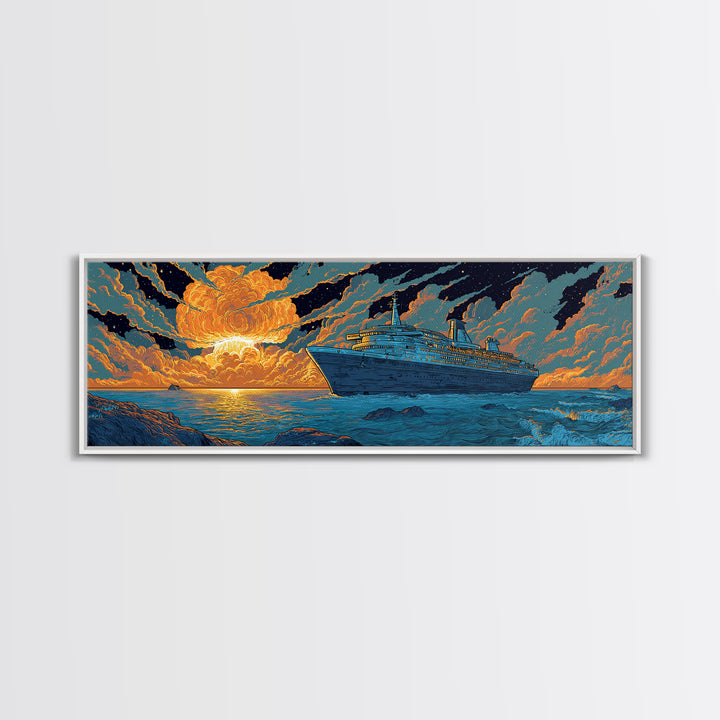 Dramatic Cruise Ship At Sunset Wall Art, Retro Ocean Travel Poster, Sci Fi Seascape Decor, Large Canvas Print Gift For Living Room