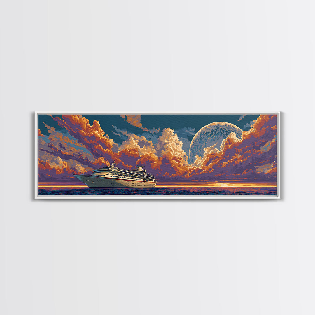 Moonlit Cruise Ship At Orange Ocean Sunset Wall Art, Retro Futuristic Travel Poster, Midcentury Modern Decor Canvas Print