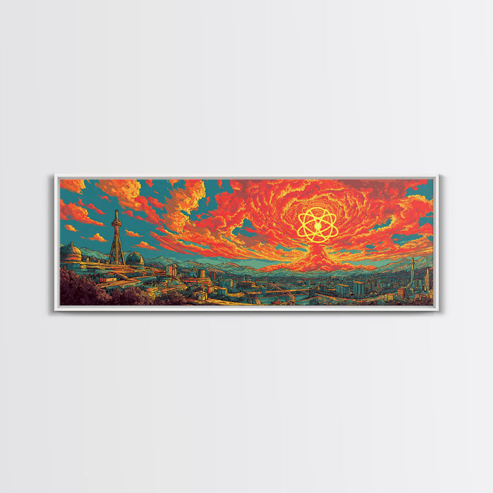 Fiery Atomic Sun Over Retro City Skyline Wall Art, Midcentury Modern Art Print, Bright Abstract Decor, Sci Fi Poster, Home Decor