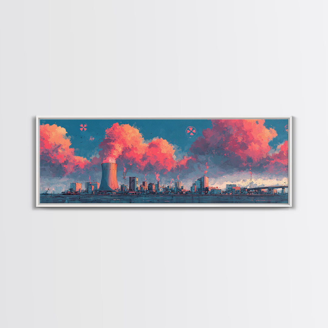 Pink Vapor Clouds Above Nuclear Plant Wall Art, Industrial Skyline Canvas Print, Retro Futuristic Modern Home Decor, Office Decor