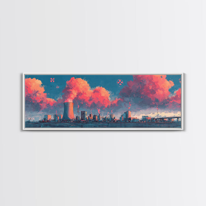 Pink Vapor Clouds Above Nuclear Plant Wall Art, Industrial Skyline Canvas Print, Retro Futuristic Modern Home Decor, Office Decor