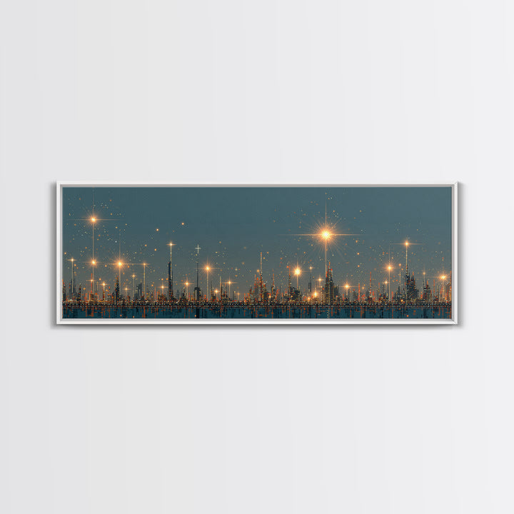 Golden Starbursts Over Night City Skyline Wall Art, Modern Abstract Art Print, Futuristic Urban Decor, Large Canvas Print