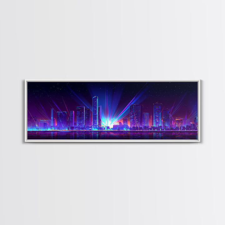 Neon Laser City Skyline At Night Wall Art, Cyberpunk Modern Art Print, Blue Purple Futuristic Decor, Large Canvas Print, Poster