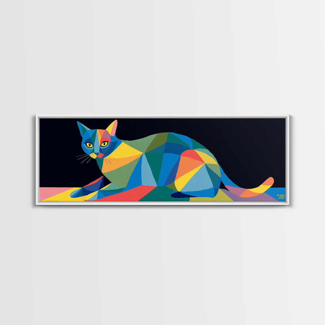 Colorful Low Poly Cat Reclining On Rainbow Shapes, Wall Art, Modern Geometric Art Print, Cat Lovers Gift, Funky Decor Poster