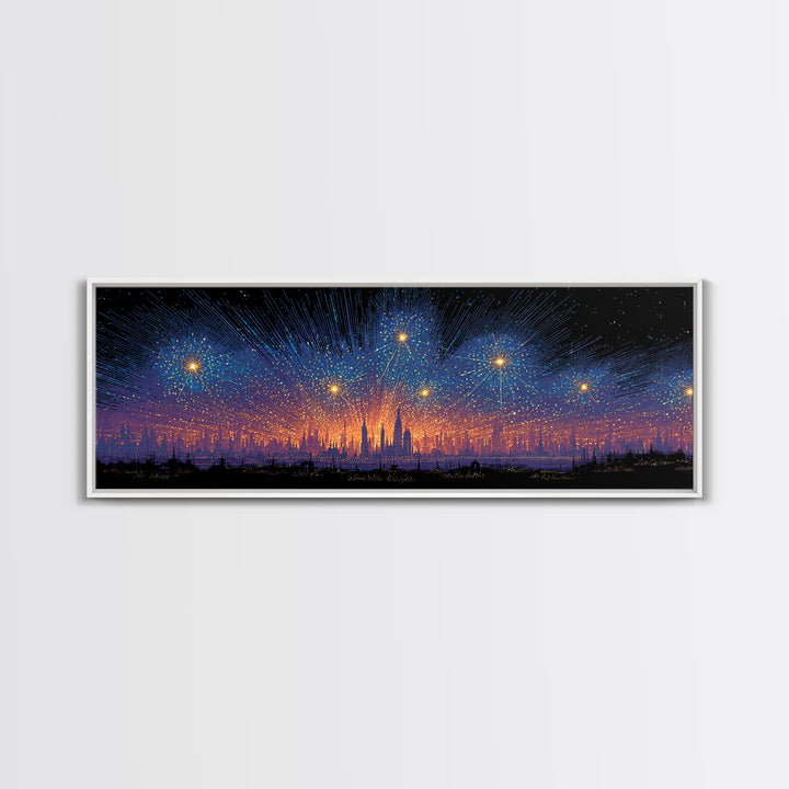 Starry Digital Fireworks Above Distant Skyline Wall Art, Modern Abstract Art Print, Futuristic Night Decor, Canvas Print