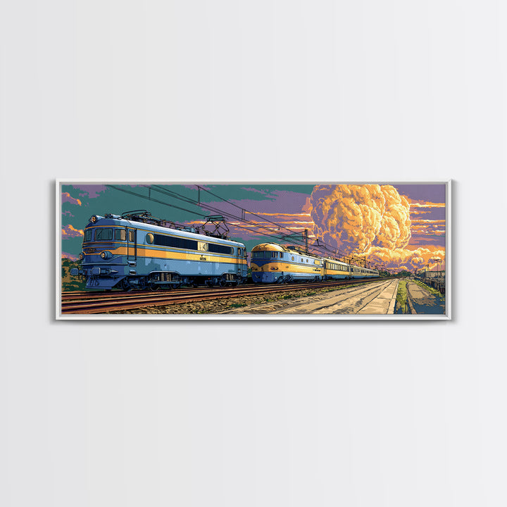 Blue Electric Trains Canvas Print, Atomic Explosion Rail Scene, Midcentury Modern Wall Art, Retro Sci Fi Travel Decor Poster