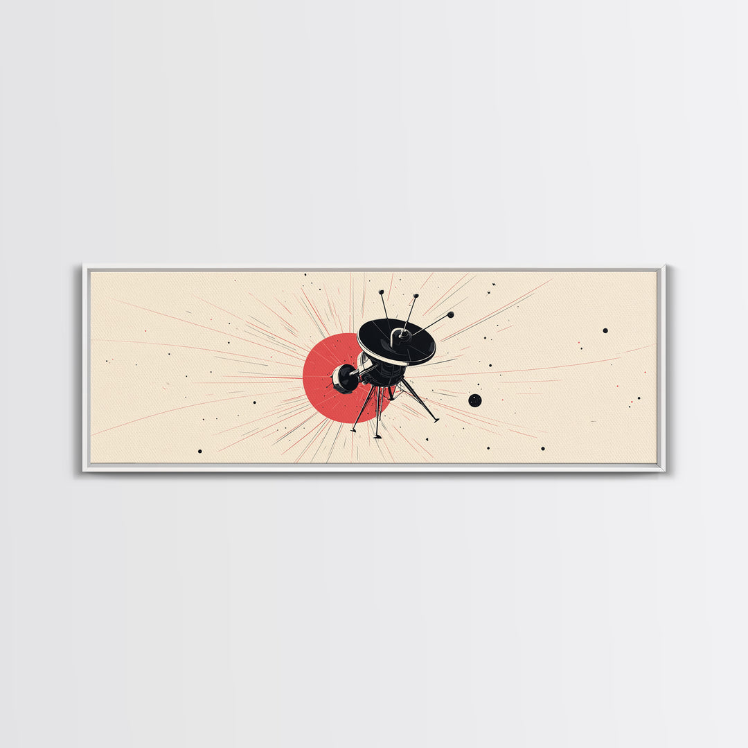 Minimal Black Space Probe Wall Art, Red Sunburst Abstract Satellite Print, Modern Sci Fi Poster, Retro Home Office Decor