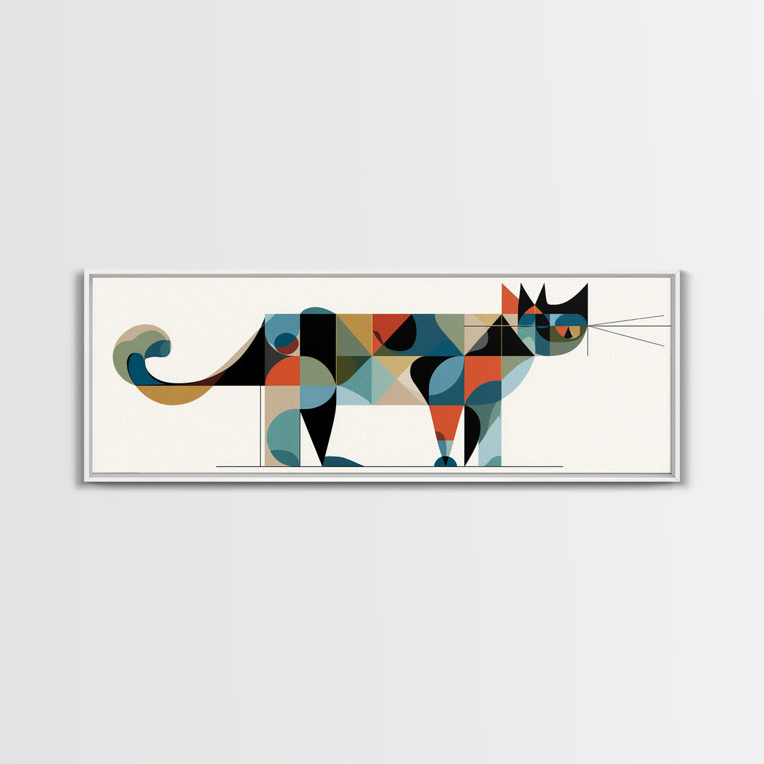 Abstract Mid Century Cat With Geometric Shapes, Canvas Print, Modern Wall Art, Bauhaus Poster, Minimalist Home Decor Print