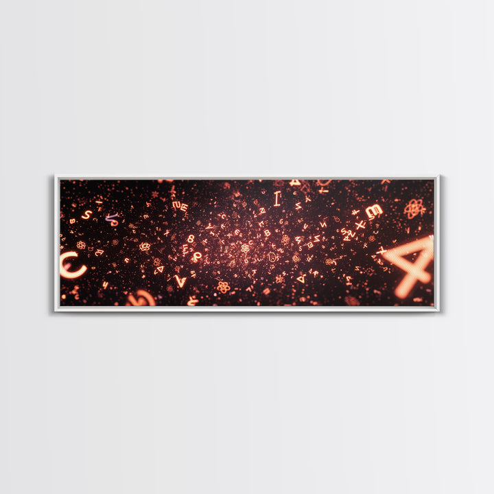 Glowing Orange Symbol Field Wall Art, Abstract Math Particle Poster, Modern Digital Art, Sci Fi Futuristic Office Decor Print