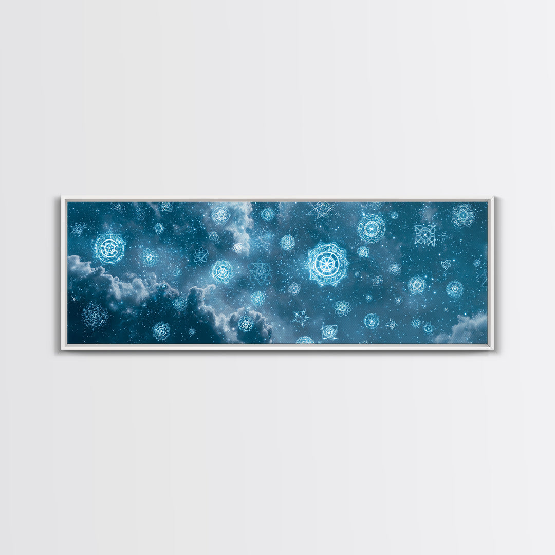 Glowing Teal Celestial Mandala Cloudscape Wall Art, Spiritual Geometric Art Print, Modern Home Decor, Cosmic Sky Poster For Bedroom
