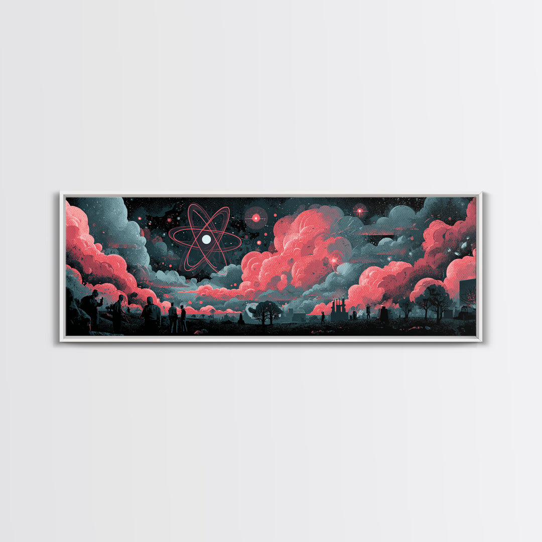 Red Atomic Clouds Over Retro Sci Fi Horizon Wall Art, Midcentury Modern Poster, Space Abstract Art, Moody Office Decor Print