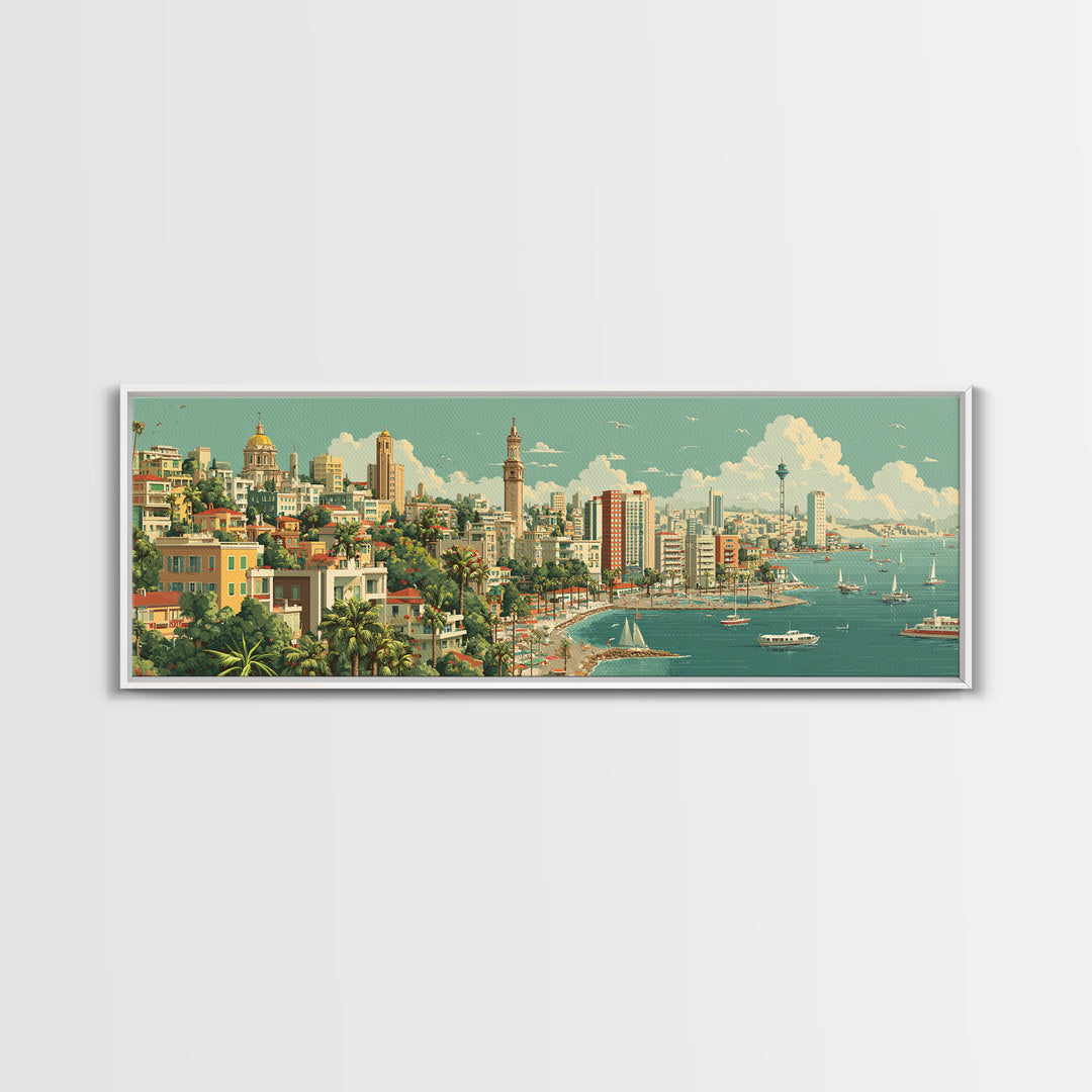 Lush Harbor City Skyline With Boats Canvas Print, Retro Travel Wall Art, Midcentury Modern Decor, Coastal Living Room Poster