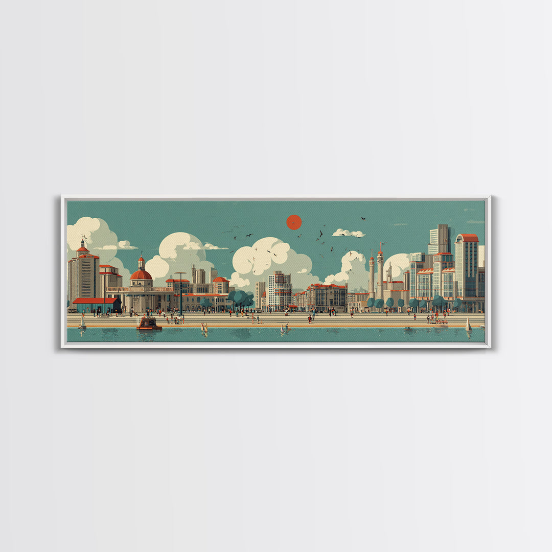 Retro Waterfront Promenade With Red Sun Wall Art, Midcentury Modern City Poster, Coastal Travel Print, Living Room Decor