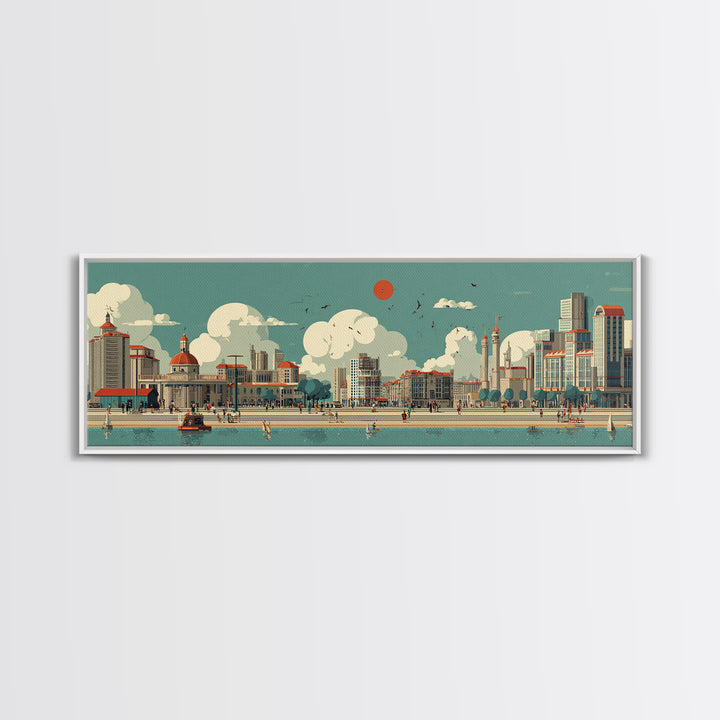 Retro Waterfront Promenade With Red Sun Wall Art, Midcentury Modern City Poster, Coastal Travel Print, Living Room Decor