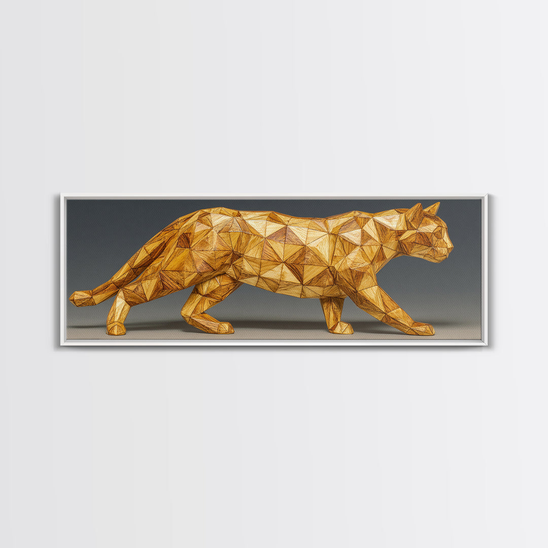 Golden Low Poly Panther Sculpture In Faceted Geometry, Framed Canvas Print, Modern Wall Art, Geometric Animal Decor Statement Poster