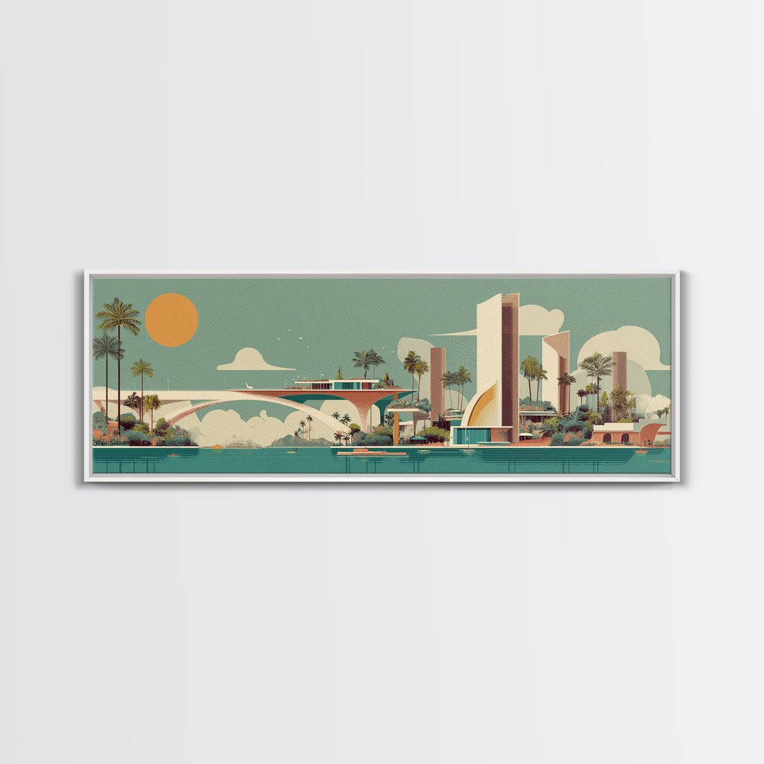 Retro Futurist Palm Springs Marina Wall Art, Mid Century Modern Canvas Print, Atomic Resort Decor, Orange Sun Large Poster
