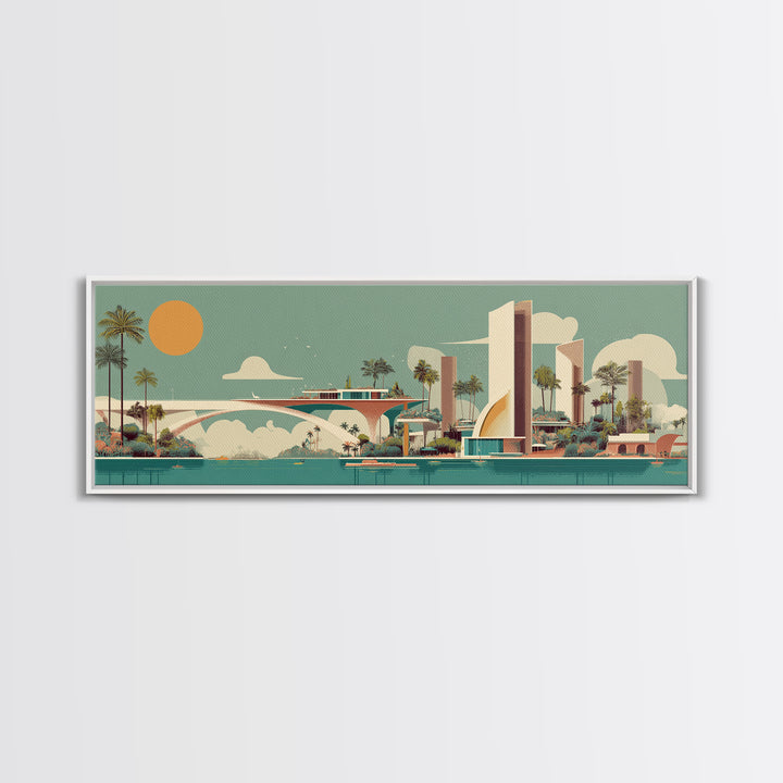 Retro Futurist Palm Springs Marina Wall Art, Mid Century Modern Canvas Print, Atomic Resort Decor, Orange Sun Large Poster