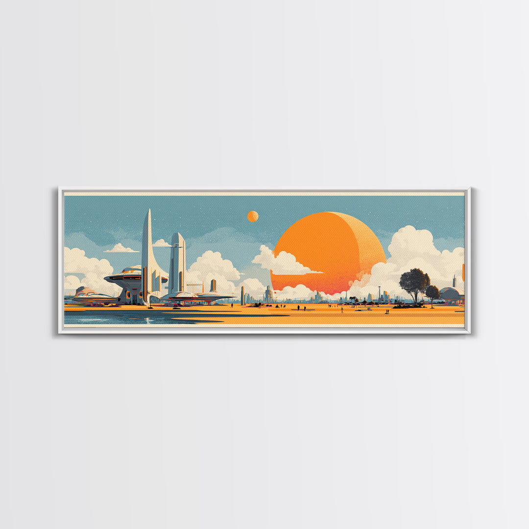 Retro Futuristic Expo Skyline Wall Art, Midcentury Modern Canvas Print, Orange Sun Space Age Architecture Large Poster Decor