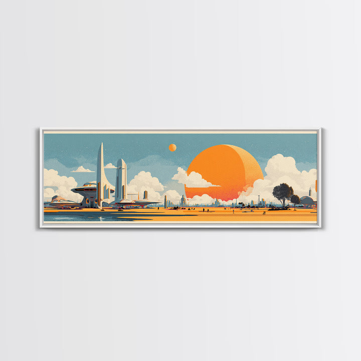 Retro Futuristic Expo Skyline Wall Art, Midcentury Modern Canvas Print, Orange Sun Space Age Architecture Large Poster Decor