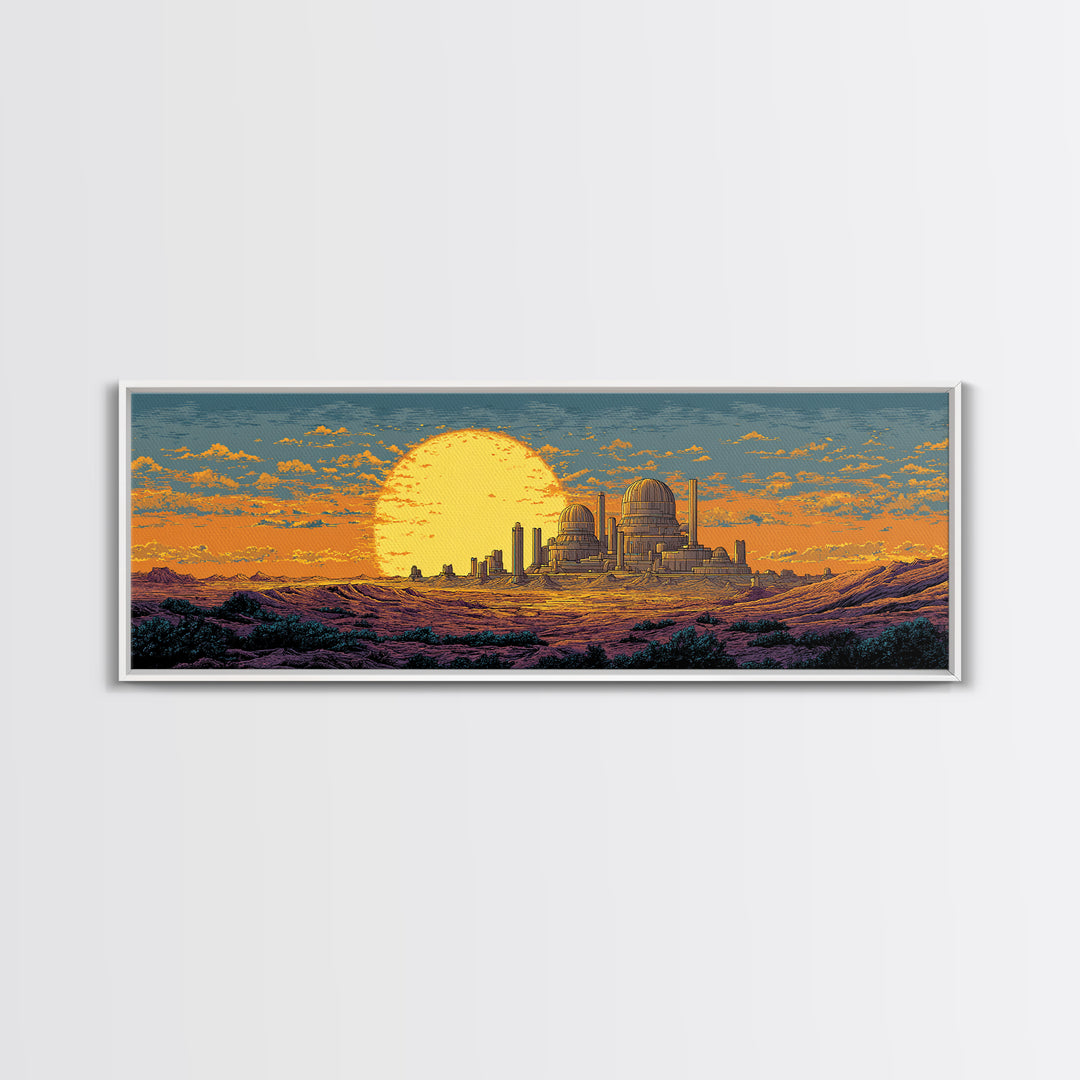 Desert Observatory Sunset Canvas Print, Retro Sci Fi Wall Art, Mid Century Modern Landscape Poster, Orange Astronomy Decor