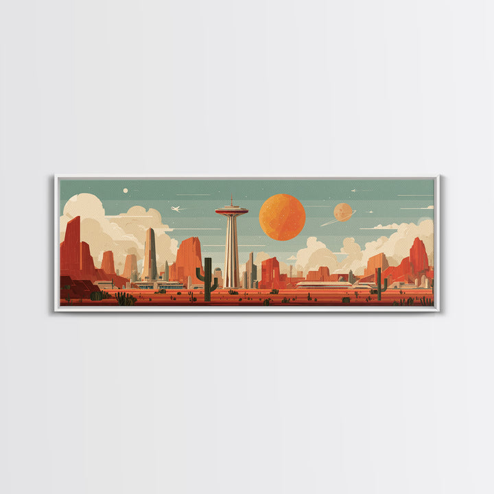 Retro Space Needle Desert Wall Art, Midcentury Modern Canvas Print, Orange Planet Cityscape, Southwestern Sci Fi Poster Decor